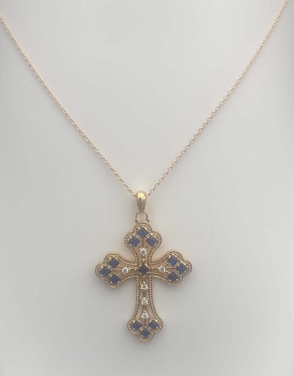 COLLIER PLAQUÉ OR AVEC CROIX EMPIERRÉE D'OXYDES BLEU